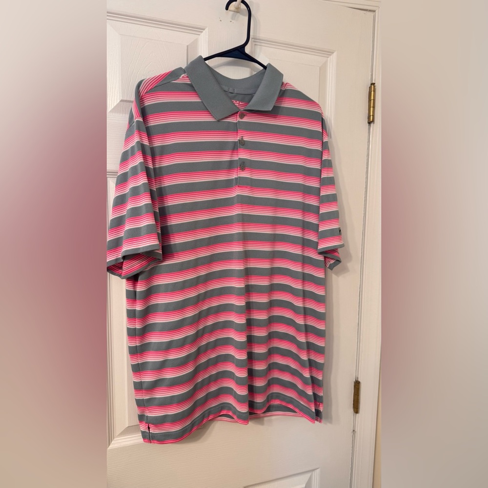 Nike Golf Tour Performance Mens X Large Polo Dri Fit Grey Pink White Side Stripe